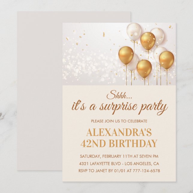 Surprise 42nd birthday invitations Gold (Front/Back)