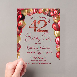Surprise 42nd Birthday Party Gold Burgundy Glitter Acrylic Invitations