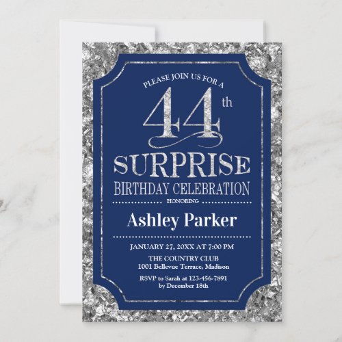 Surprise 44th Birthday Party _ Silver Navy Blue Invitation