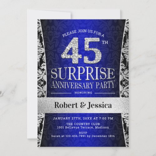 Surprise 45th Anniversary Party _ Blue Silver Invitation