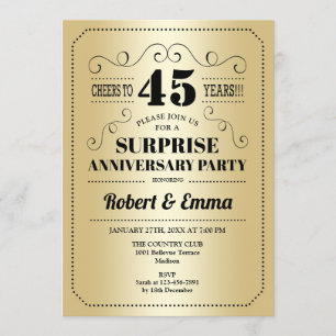Surprise 45th Anniversary Party - Gold Black Invitation