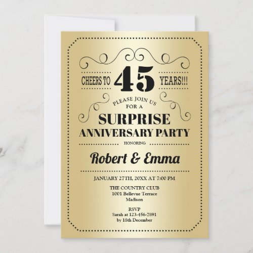 Surprise 45th Anniversary Party _ Gold Black Invitation