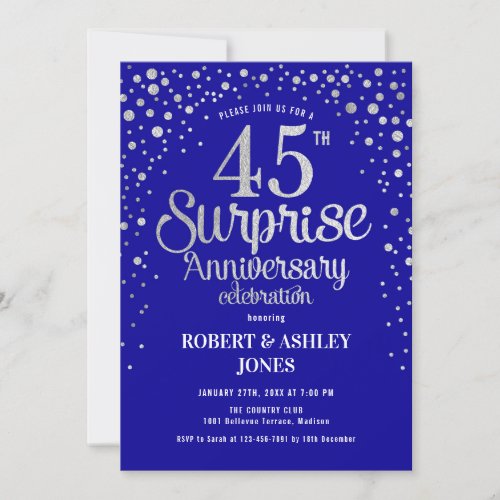 Surprise 45th Anniversary _ Sapphire Blue  Silver Invitation