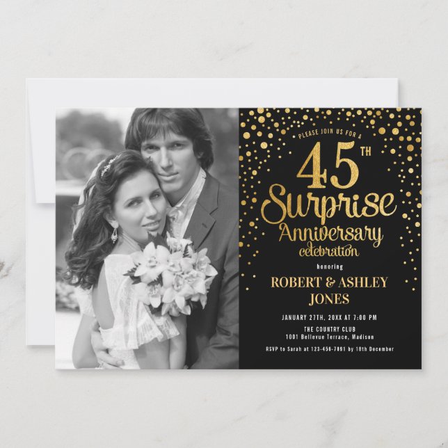 Surprise 45th Anniversary with Photo - Black Gold Invitation (Front)
