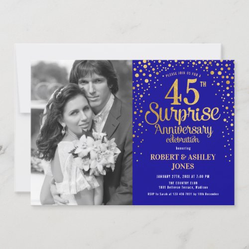 Surprise 45th Anniversary with Photo _ Blue Gold Invitation