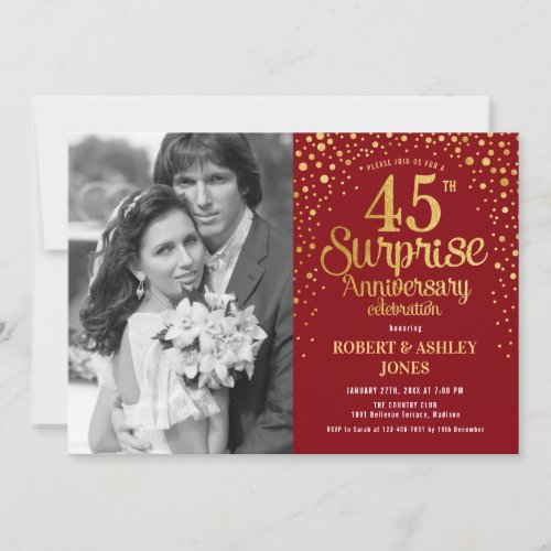 Surprise 45th Anniversary with Photo _ Red Gold Invitation