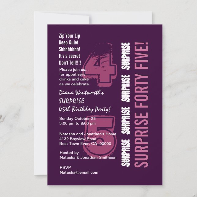 SURPRISE 45th Modern Birthday Purple and Pink Invitation (Front)