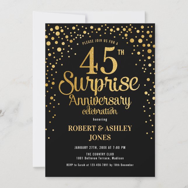 Surprise 45th Wedding Anniversary - Black & Gold Invitation (Front)