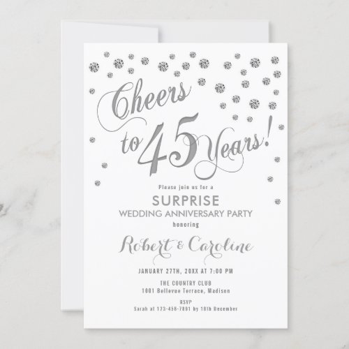 Surprise 45th Wedding Anniversary _ White  Silver Invitation