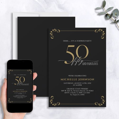 Surprise 50  Fabulous Black  Gold Birthday Invit Invitation