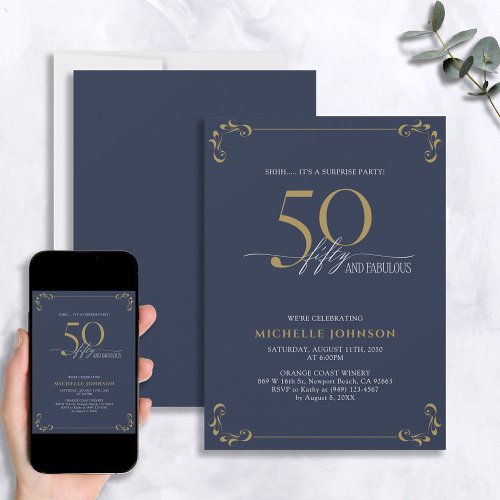 Surprise 50  Fabulous Blue White  Gold Birthday Invitation