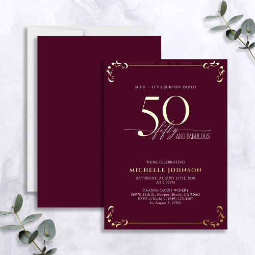 Surprise 50  Fabulous Burgundy  Gold Birthday Foil Invitation