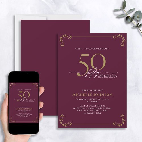 Surprise 50  Fabulous Burgundy  Gold Birthday Invitation