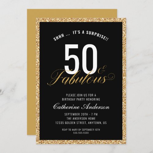 Surprise 50  Fabulous Gold Glitter Birthday Party Invitation