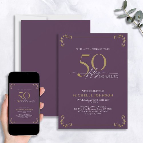 Surprise 50  Fabulous Purple  Gold Birthday Invitation