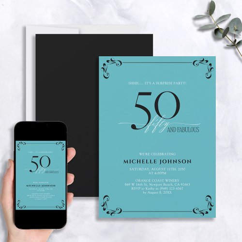 Surprise 50  Fabulous Turquoise  Black Birthday Invitation