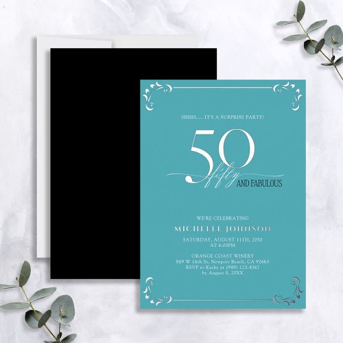 Surprise 50  Fabulous Turquoise  Silver Birthday Foil Invitation