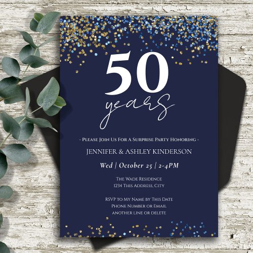 Surprise 50th Anniversary Blue and Gold  Invitation