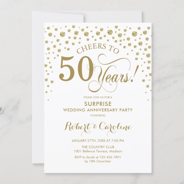 Surprise 50th Anniversary Celebration - Gold White Invitation (Front)
