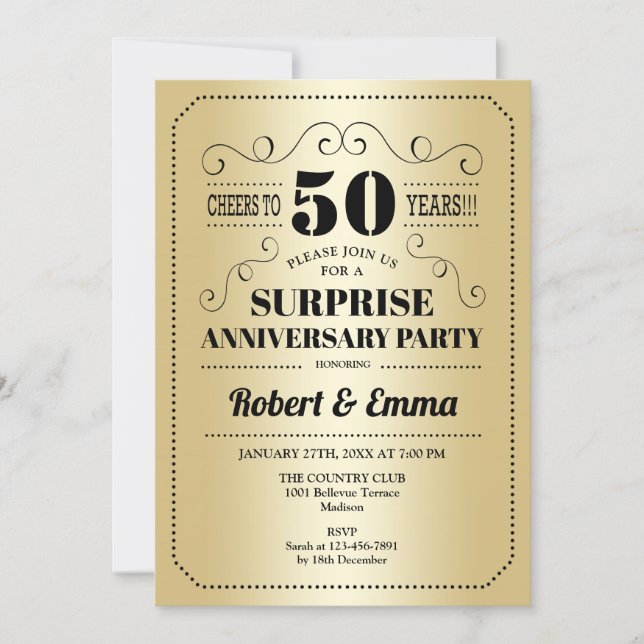 Surprise 50th Anniversary Party - Gold Black Invitation (Front)