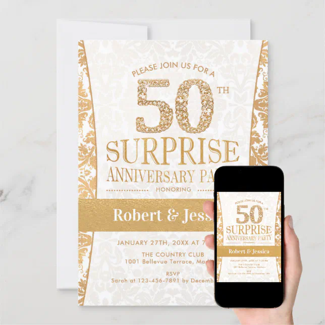 Surprise 50th Anniversary Party - Gold White Invitation | Zazzle