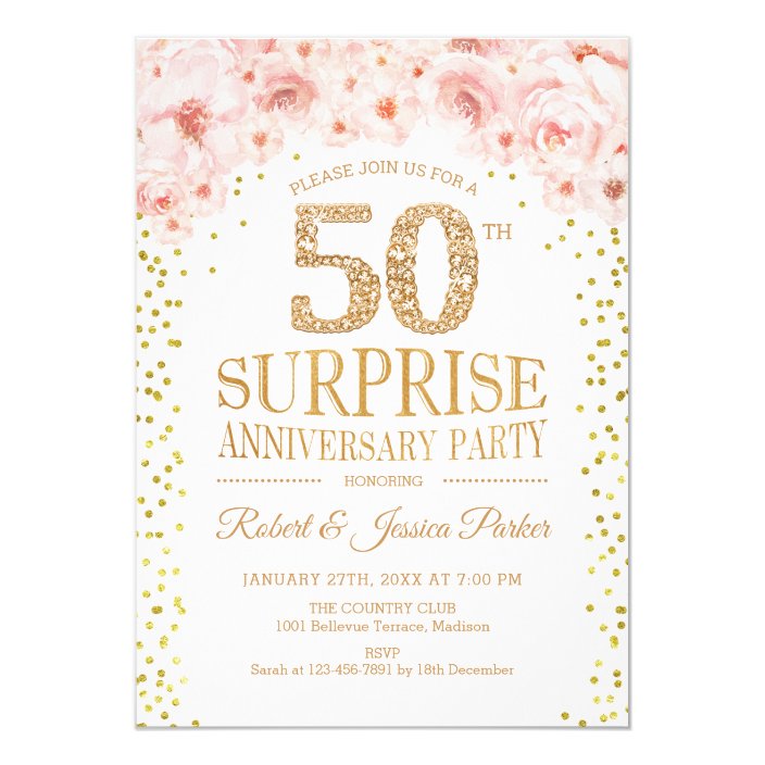 Surprise 50th Anniversary Party White Gold Invitation Zazzle Surprise 50th Anniversary Party White