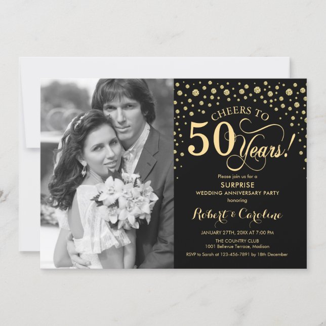 Surprise 50th Anniversary with Photo Black Gold Invitation (Front)