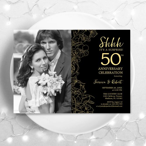 Surprise 50th Anniversary With Photo Black Gold Invitation