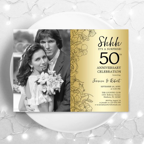 Surprise 50th Anniversary With Photo _ Gold Black Invitation