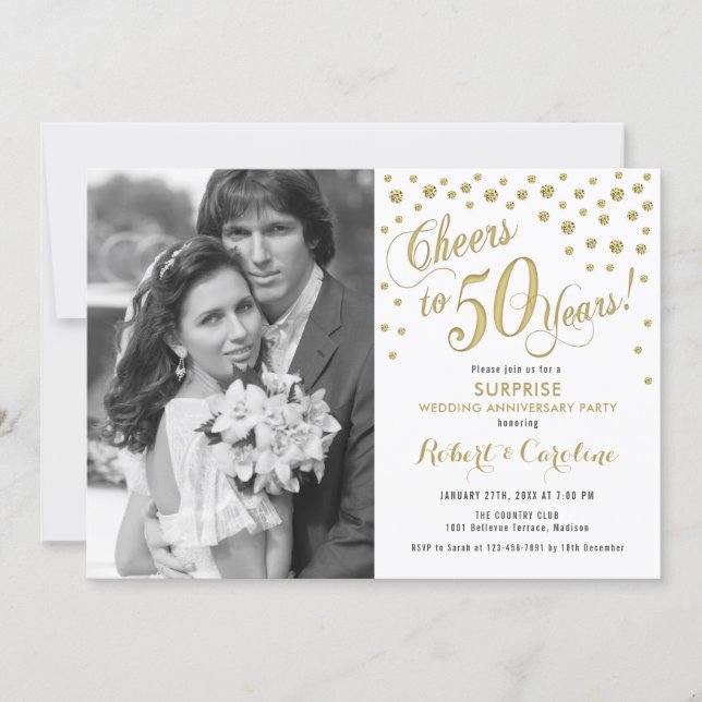 Surprise 50th Anniversary with Photo - Gold White Invitation (Front)