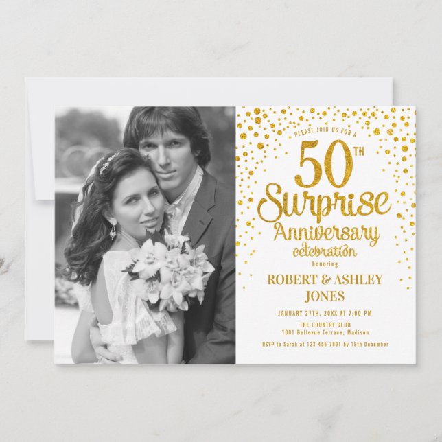 Surprise 50th Anniversary with Photo - White Gold Invitation (Front)