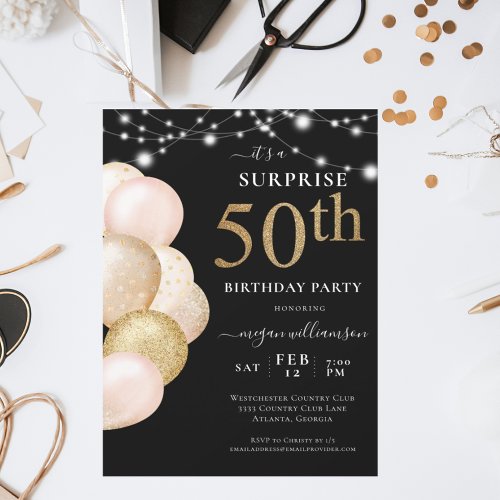 Surprise 50th Balloon Black Gold Birthday Invitation