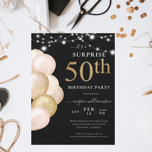Surprise 50th Balloon Black Gold Birthday Invitation (Creator Uploaded)