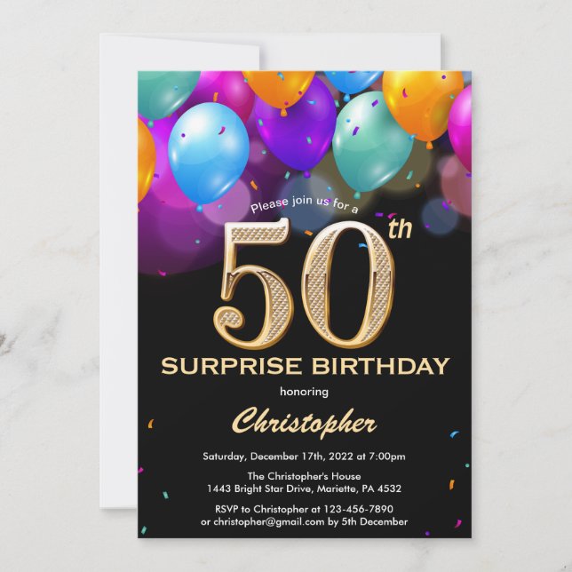 Surprise 50th Birthday Black and Gold Balloons Invitation (Front)