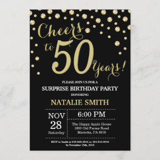 Surprise 50th Birthday Black and Gold Diamond Invitation