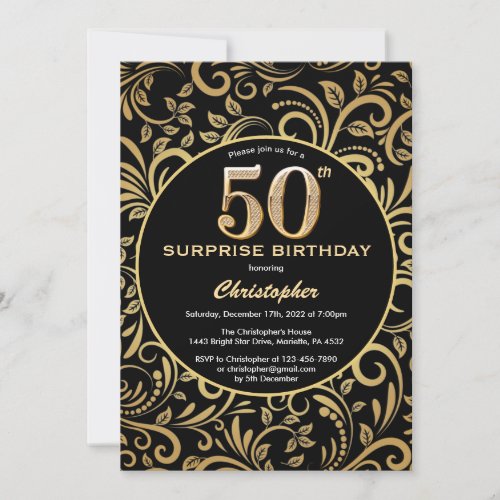 Surprise 50th Birthday Black and Gold Floral Invitation