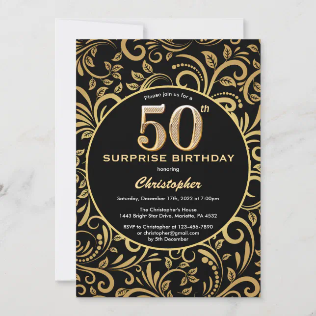 Surprise 50th Birthday Black and Gold Floral Invitation | Zazzle