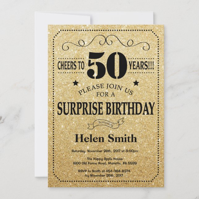 Surprise 50th Birthday Black and Gold Glitter Invitation (Front)