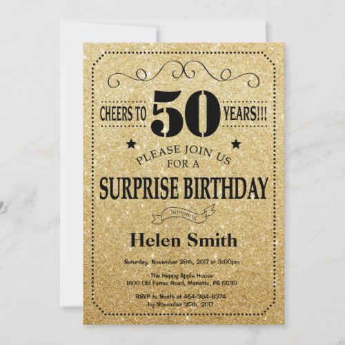 Surprise 50th Birthday Black and Gold Glitter Invitation