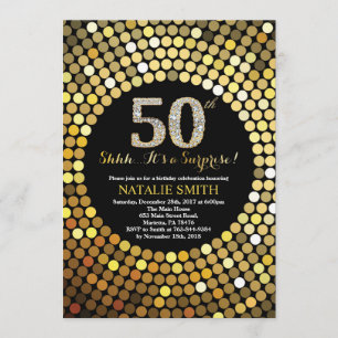 Surprise 50th Birthday Black and Gold Glitter Invitation