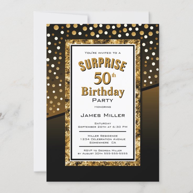 Surprise 50th Birthday Black and Gold Invitation | Zazzle