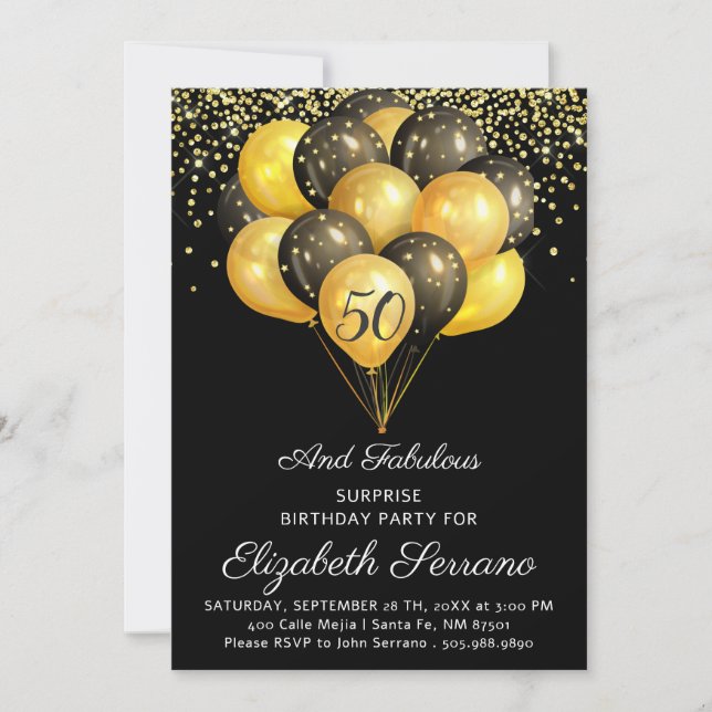 Surprise 50th Birthday Black And Gold Invitation (Front)