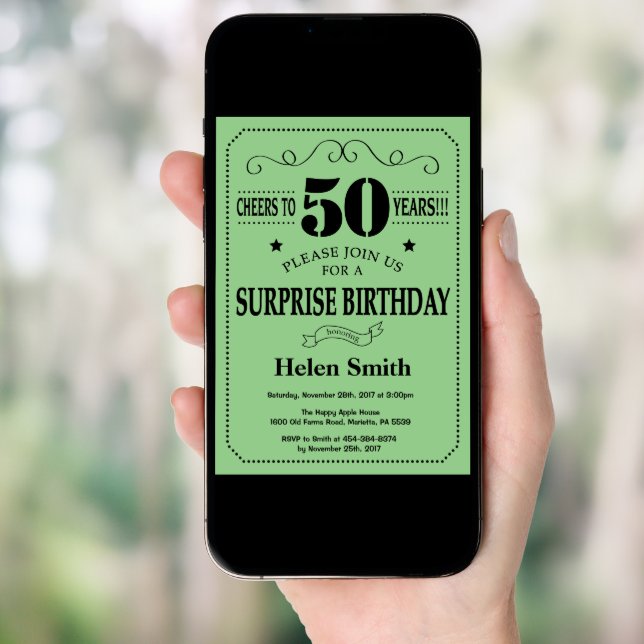 Surprise 50th Birthday Black and Green Invitation (Front Digital)