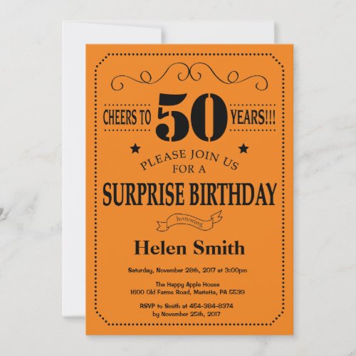 Surprise 50th Birthday Black and Orange Invitation