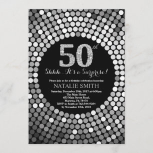 Surprise 50th Birthday Black and Silver Glitter Invitation