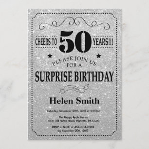 Surprise 50th Birthday Black and Silver Glitter Invitation