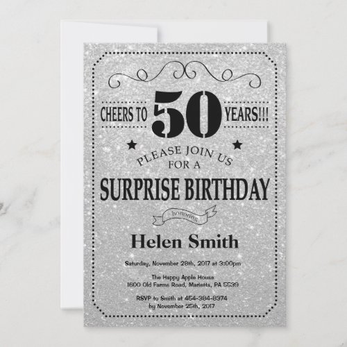 Surprise 50th Birthday Black and Silver Glitter Invitation