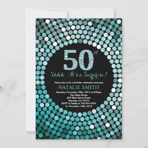 Surprise 50th Birthday Black and Teal Glitter Invitation