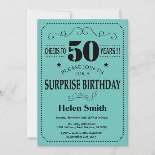 Surprise 50th Birthday Black and Teal Invitation