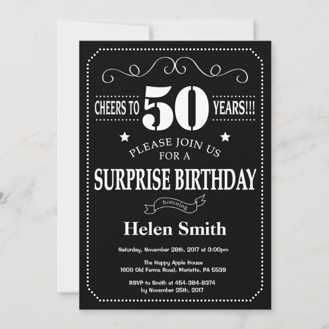 Surprise 50th Birthday Black and White Chalkboard Invitation (Front)